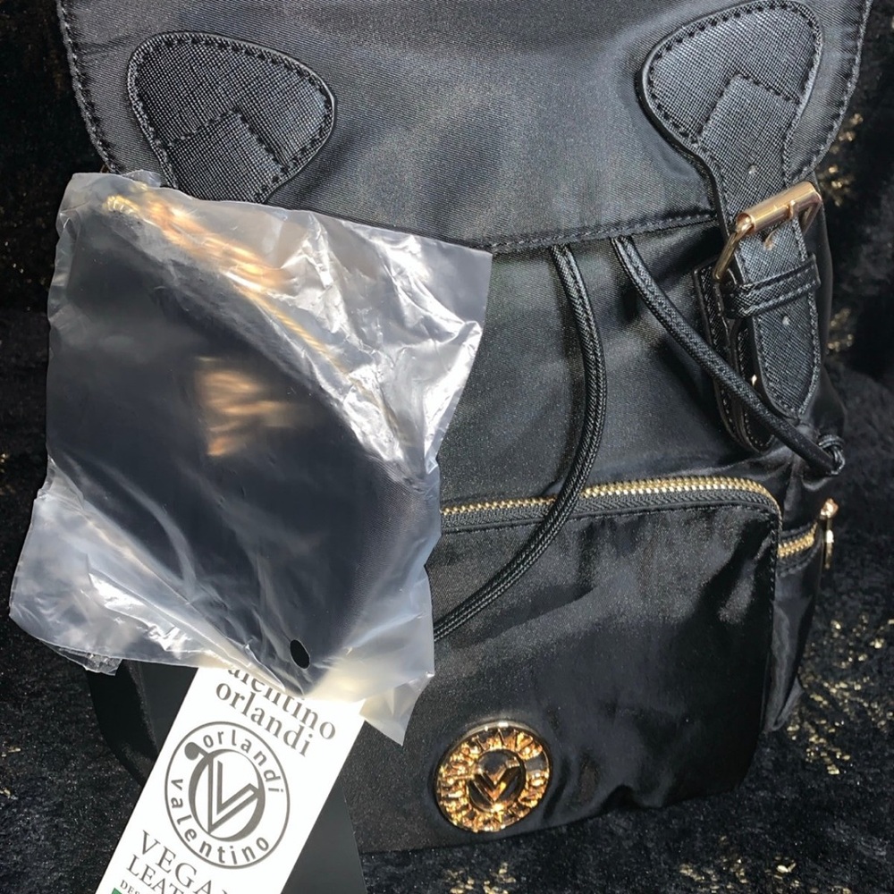 Valentino Orlandi Black Backpack with Leather Material and Decorative Stitching